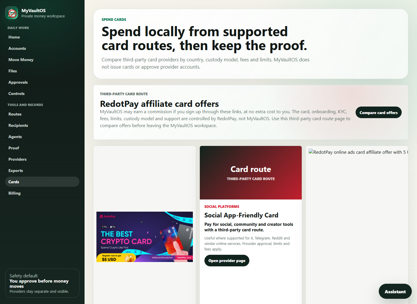 Actual MyVaultOS application card-discovery interface